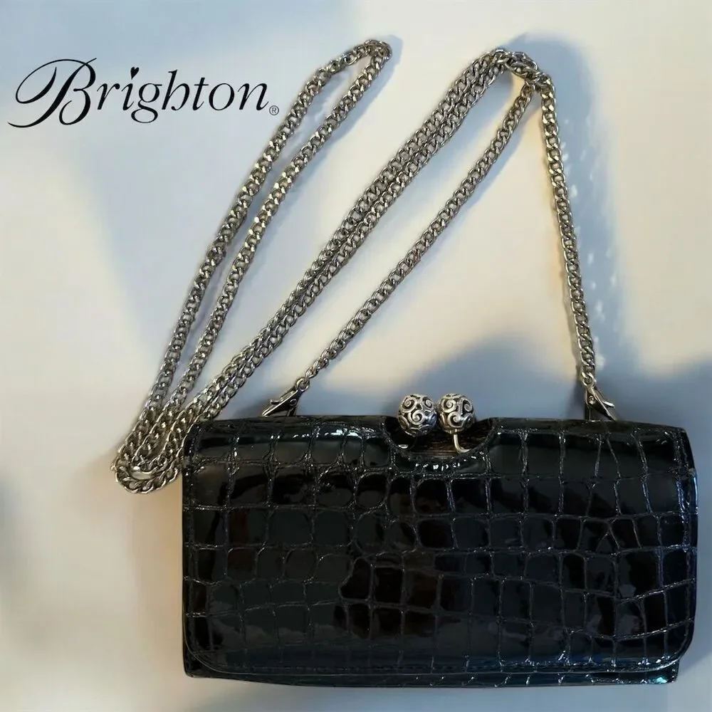 Brighton Black Crocodile Embossed Silver Floral Hardware Wallet Crossbody Chain